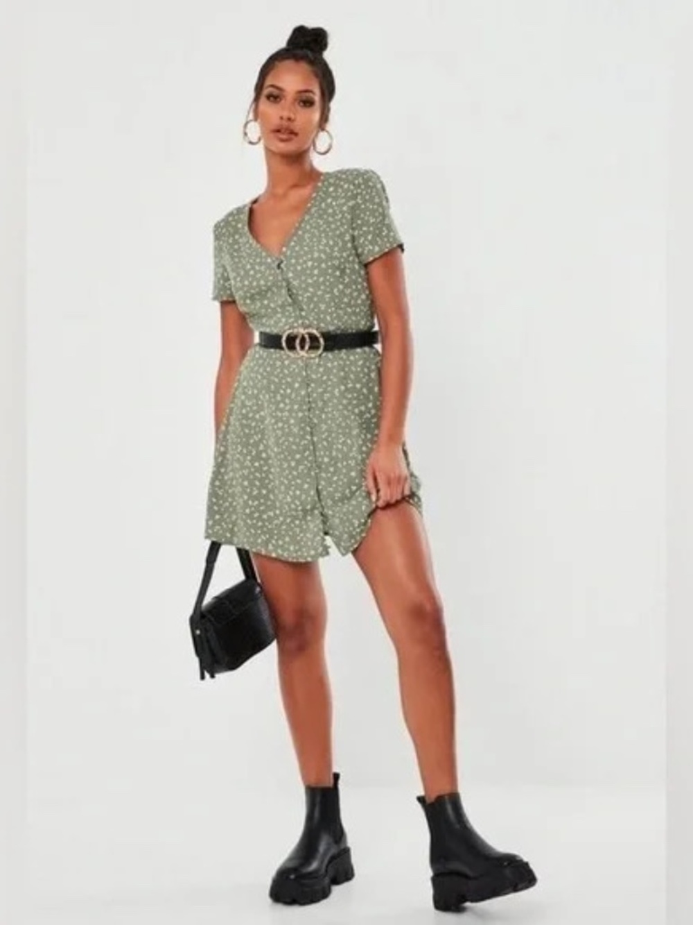 Missguided Green and White Button-Down Tea Mini Dress